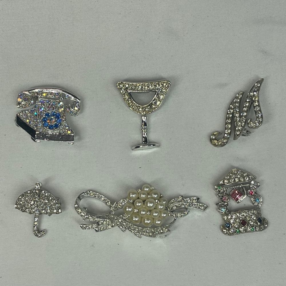 Vintage Silver Tone Rhinestone Brooch Pin Lot 6 Telephone Martini Umbrella 
M
